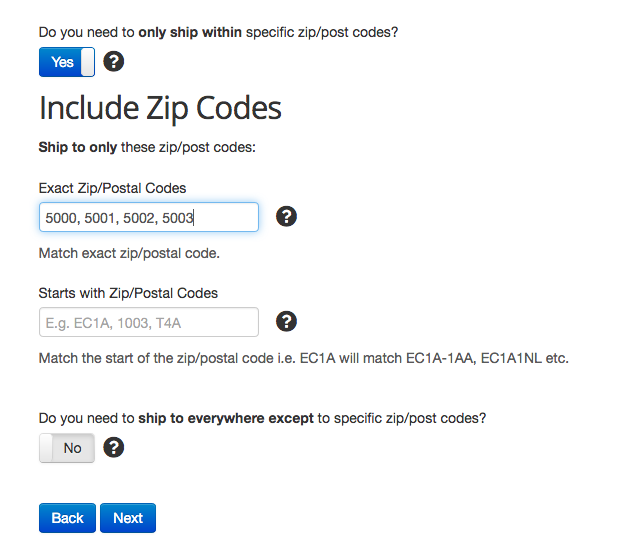 Better Shipping for Shopify restrict shipping rate to zip codes or postal codes screenshot