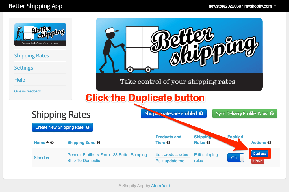 Better Shipping for Shopify duplicate a shipping rate screenshot