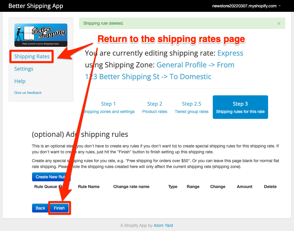 Better Shipping for Shopify return to the shipping rates page screenshot