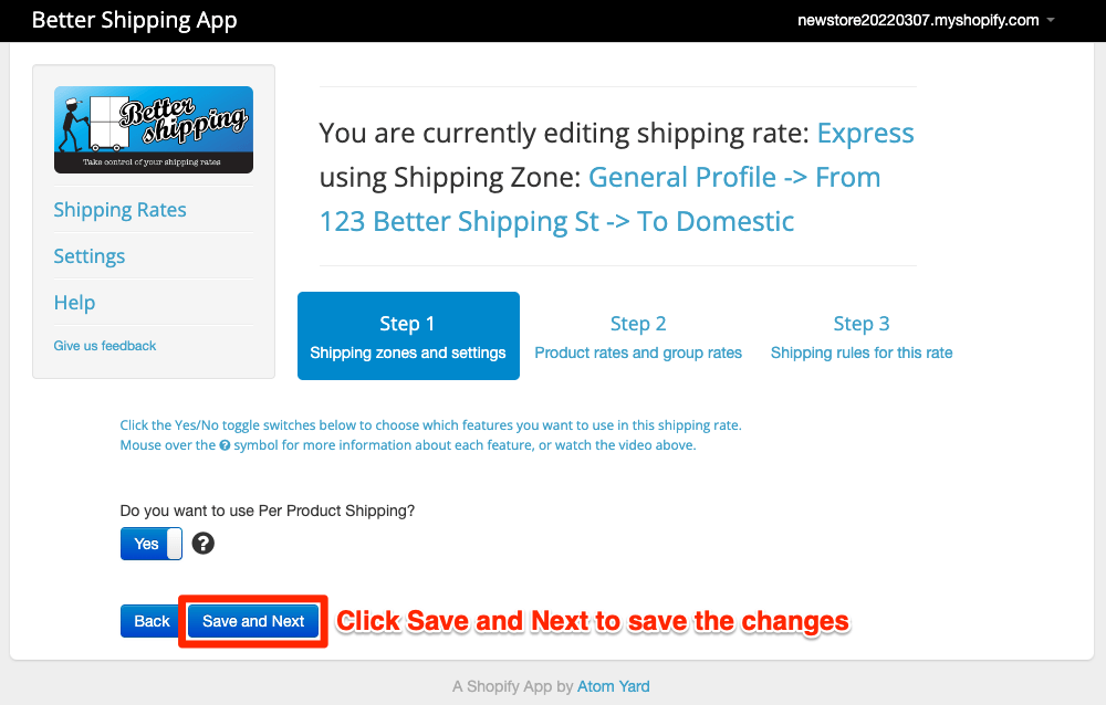 Better Shipping for Shopify click save and next screenshot