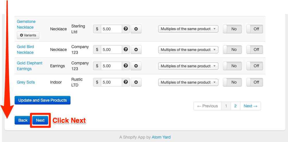 Better Shipping for Shopify per product prices page click next screenshot